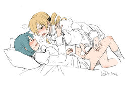 2girls blonde_hair blue_eyes blue_hair blush drill_hair female female_only futanari intersex mahou_shoujo_madoka_magica miki_sayaka multiple_girls on_bed penis pillow school_uniform short_hair tears tomoe_mami torinone twin_drills yellow_eyes yuri