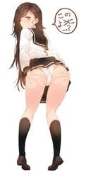 ass black_hair black_legwear blush brown_eyes female from_behind kneehighs long_hair looking_back mole mx2j_(nsh6394) open_mouth original panties school_uniform serafuku skirt solo spread_ass spread_pussy translated underwear