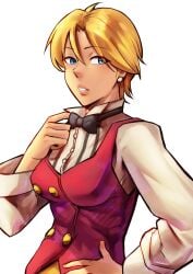 belt big_breasts blonde_hair blue_eyes bowtie buttons earring female female king_(snk) king_of_fighters light-skinned_female light_skin long_sleeves shirt short_hair