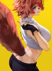 1girls animal_ears animal_tail big_breasts blue_eyes breasts brown_hair kemonomimi latam_virtual_youtuber multicolored_hair raccoon_ears raccoon_tail rakkun red_hair short_hair solo_female virtual_youtuber vtuber vtuberfanart yellow_background