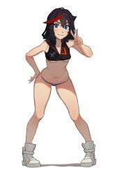 1girls 2d bent_over black_hair blue_eyes dethmaid female female_only hand_on_hip kill_la_kill leaning leaning_forward looking_at_viewer matoi_ryuuko panties peace_sign shoes smile solid_color_background solo_female standing studio_trigger underboob v white_background white_shoes