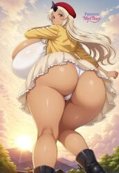 ai_generated back_view backboob bare_thighs big_ass big_butt blonde_hair breasts_bigger_than_head dark-skinned_female dark_skin fat_ass gigantic_ass gigantic_breasts horn horns huge_breasts huge_thighs long_hair looking_back low-angle_view massive_ass massive_breasts monster_musume_no_iru_nichijou mrsthicc oni oni_female oni_horns panties pink_eyes smiling solo_female squatting sweat sweatdrop thick_body thick_female thick_thighs thighs tionishia_(monster_musume) upskirt voluptuous voluptuous_female