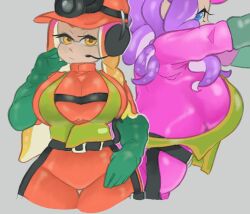 2girls blue_eyes bodysuit breasts curly_hair hard_hat inkling inkling_girl looking_at_viewer nintendo octoling octoling_girl orange_bodysuit pink_bodysuit purple_hair salmon_run side_eye splatoon splatoon_(series) splatoon_3 tentacle tentacle_hair vespbee yellow_eyes