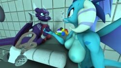 2girls 3d 3d_(artwork) activision air_bubbles anthro arm_wrestling big_breasts breasts bubbles crossover cynder dragon drunk_crowley female female_only friendship_is_magic gem hasbro medium_breasts my_little_pony nipples non-mammal_breasts nude oxygen_mask oxygen_tank pool princess_ember_(mlp) scalie scuba_gear scuba_mask scuba_tank source_filmmaker spyro_the_dragon the_legend_of_spyro underwater water