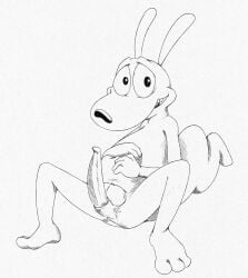 anatomically_correct anatomically_correct_genitalia animal_genitalia anthro balls erection genitals hi_res illegaleel macropod male mammal marsupial monochrome nickelodeon rocko's_modern_life rocko_rama sheath smile solo upside_down_balls wallaby