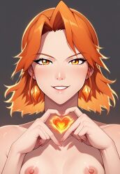 1girls ai_generated completely_nude dimorog dota_2 earrings female heart_fingers lina medium_breasts orange_hair self_upload simple_background