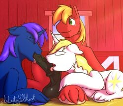 absurd_res anthro balls big_macintosh_(mlp) bright_sight_(oc) cutie_mark earth_pony equid equine fellatio fetlocks friendship_is_magic genitals group hasbro hi_res horn horse inlustriusghost male male/male mammal my_little_pony mythological_creature mythological_equine mythology oral penile penis pony prince_blueblood_(mlp) sex tongue_out_blowjob trio unicorn vein veiny_penis