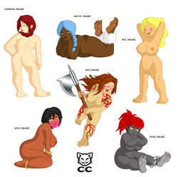 ass axe big_breasts black_hair black_skin blonde_hair blue_hair blush breasts brown_hair brown_skin cheshirecaterling closed_eyes dwarf dwarf_female english_text female freckles green_eyes hair looking_at_viewer looking_back ponytail pussy red_hair tattoo text tied_hair veil weapon yellow_eyes