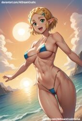 ai_generated aidreamcrush beach bikini blonde_hair breasts eyes hair happy princess_zelda skimpy solo tears_of_the_kingdom the_legend_of_zelda toned zelda_(tears_of_the_kingdom)