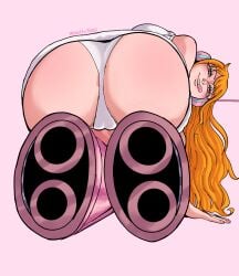 ass ass_focus boots brown_eyes female female_only nails_painted nami nami_(one_piece) nefta3007 one_piece orange_hair panties tongue_out