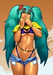 1girls 2d athletic athletic_female bikini bikini_tan blue_eyes bracelet brazil brazilian brazilian_female brazilian_miku breasts busty crop_top daisy_dukes denim_shorts female female_focus female_only flower_in_hair hatsune_miku hourglass_figure jean_shorts long_hair looking_at_viewer medium_breasts navel shirt_lift short_shorts shorts slaiart solo standing sunglasses_on_head t-shirt tagme tan tan_body tan_skin tanline thong_bikini turquoise_hair twintails vocaloid waist_chain wide_hips