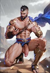 abs ai_generated balls bara beard biceps big_balls big_penis cape daddy league_of_legends male male_nipples male_only manly mature_male mohawk mohawk_(hairstyle) muscular_male nipples nude pantheon pecs penis riot_games tattoos wankyc