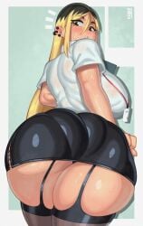 1girls blonde_hair breasts clothed female flatillustratorkhan high_resolution huge_breasts light-skinned_female light_skin long_hair ochiai_san office_lady original original_character skindentation skirt sweat sweaty_body thick_thighs thighhighs thighs