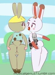 animal_crossing animated anthro ass ass_grab blush bonbon_(animal_crossing) bottomless clothing duo eye_contact female furry hair lagomorph lips mammal musikalgenius nintendo presenting presenting_hindquarters pussy rabbit shirt slapping tiffany_(animal_crossing) tree video_games