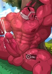 1boy abs animate_inanimate bandage bandages big_eyebrows big_thighs closed_eyes cum cumming cumshot fortnite furry furry_only huge_balls huge_cock jerking jerking_off jerkingoff lt._john_llama male male_only muscles muscular muscular_male nipples pinata pink_skin teeth tree vein veiny_penis wolfblack43