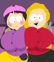 2girls 3barts aged_up bebe_stevens big_ass big_breasts blush breast_to_breast breasts breasts_pressed_against_partner clothed comedy_central female female_only huge_ass huge_breasts paramount_pictures south_park staring_at_another staring_at_breasts wendy_testaburger yuri