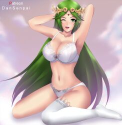 1girls big_breasts bra breasts cleavage female female_only goddess green_hair huge_breasts kid_icarus kid_icarus_uprising kneeling large_breasts lingerie lingerie_only long_hair looking_at_viewer navel nidavellirstudios nintendo one_eye_closed one_thighhigh open_mouth palutena panties solo solo_female solo_focus thighhighs underwear white_bra white_lingerie white_panties white_thighhighs wink winking_at_viewer