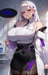 1girls ai_generated bangs big_breasts blue_eyes cecil_(nikke) goddess_of_victory:_nikke labcoat luscious_lips nihilous pantyhose suggestive thick_thighs white_hair white_shirt