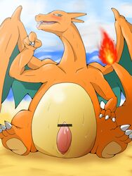 1boy 2014 bald barefoot beach censored charizard chubby claws cum cum_on_penis dragon erection fast1458 feral fire genital_slit hi_res horn looking_at_viewer looking_down male male_only nintendo nude on_floor open_mouth orange_dragon orgasm outside penis pokemon pokemon_(species) sand seaside sharp_teeth sitting solo spread_legs spreading sweat teeth toe_claws tongue tongue_out video_games wings