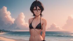 1girls ai_generated arms_behind_back bangs bare_shoulders beach bikini bikini_bottom black_bikini black_eyes black_hair black_swimsuit bleach blue_sky breasts clavicle closed_mouth clothing cloud cloudy_sky day female hair_between_eyes horizon huge_filesize kuchiki_rukia looking_at_viewer lxlbanner navel o-ring o-ring_bikini ocean outdoors petite ribs sand short_hair side-tie_bikini_bottom side-tie_clothing side-tie_swimsuit skinny sky slender small_breasts smile solo stomach sunset swimsuit toned upper_body water waves