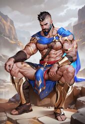 abs ai_generated balls bara beard biceps big_balls big_penis cape daddy league_of_legends male male_nipples male_only manly mature_male mohawk mohawk_(hairstyle) muscular_male nipples nude pantheon pecs penis riot_games tattoos wankyc