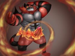 1boy abs anthro armpits barefoot biceps black_fur brown_background erection fangs feet feline fire flowamai fur furry green_eyes grey_fur hand_on_head incineroar looking_down male male_only mammal muscular nintendo no_nipples nude orange_fur pecs penis pokemon pokemon_sm red_fur sharp_teeth smile solo standing stripes tail teeth testicles thick_penis thick_thighs tiger video_games wrestler yellow_sclera