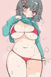 1girls :> aqua_jacket bikini black_hair blush bow breasts cevio chubby cleavage closed_mouth female female_only flower hair_flower hairbow huge_breasts iyowa_girls jacket jacket_lift kurari-chan_(iyowa) kyu-kurarin_(cevio) mv_character navel nta_ni pink_background pink_bikini pink_bow pink_eyes pink_flower short_hair smile solo solo_female sweat thick_thighs thighs zipper