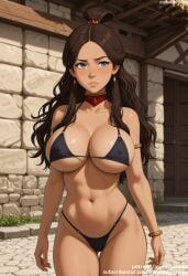 abs ai_generated areolae armlet ass_visible_through_thighs avatar_(series) avatar_legends avatar_the_last_airbender bangs bare_shoulders bikini black_bikini black_choker black_swimsuit blue_eyes blush bracelet breasts brick_wall brown_hair choker clavicle cleavage closed_mouth clothing collar collarbone covered_nipples curvaceous dark-skinned_female dark_skin day earrings female female_only forehead hair_ornament highleg highleg_bikini hoop_earrings jewelry jousneystudio katara large_breasts lips long_hair looking_at_viewer looking_away looking_to_the_side micro_bikini muscle navel neck_ring necklace nipples outdoors parted_bangs ponytail shiny_skin skindentation smile solo standing stomach stone_wall swimsuit thick_thighs thigh_gap thighs wall wide_hips