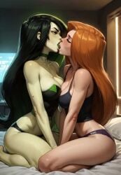 2girls ai_generated animated civitai disney green_hair green_skin hailuoai hero_and_villain kim_possible kissing light-skinned_female lingerie mikey-rg97 no_sound orange_hair shego shorter_than_30_seconds tagme video yuri