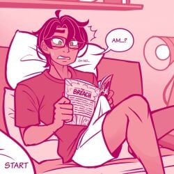 bedroom black_hair blush book bulge bulge_in_pants bulge_through_clothing glasses green_eyes incubus instant_erection instant_regret matthew_(myladycheshire) myladycheshire no_nut_november reading shorts tan_skin