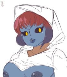 blue_body blue_nipples blue_skin breasts breasts_out gradient_hair looking_at_viewer sketch tau warhammer_(franchise) warhammer_40k yellow_eyes