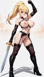 ai_generated blonde_hair boots bsdm darkness_(konosuba) fighting_stance fist garter_belt garter_straps gloves green_eyes hair_ornament harness illustrious_(stable_diffusion) kono_subarashii_sekai_ni_shukufuku_wo! large_breasts long_hair nipples payop ponytail pubic_hair pussy solo stockings sword