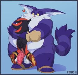 2025 anthro ass balls bear_hug belly big_the_cat bitebox64 black_body black_fur blush clothing domestic_cat duo erection eulipotyphlan face_on_chest felid feline felis flaccid fluffy fluffy_chest footwear fupa fur genitals gloves handwear hedgehog hi_res hug male male/male mammal nipples overweight pecs penis purple_body purple_fur sandals sega shadow_the_hedgehog shoes size_difference smile sonic_the_hedgehog_(series) vein veiny_penis