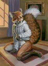 animal_genitalia anthro balls big_tail biped bottomless canid canine canine_genitalia carpet cheek_tuft clothed clothing clothing_lift detailed_background dipstick_tail facial_tuft fluffy fluffy_tail fox genitals hi_res hibbary hoodie inner_ear_fluff inside kneeling looking_at_viewer male mammal markings on_ground paws penis penis_tip presenting raised_tail sheath smile smiling_at_viewer solo tail tail_markings topwear tuft