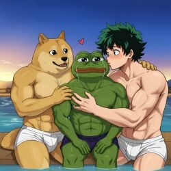 3boys abs ai_generated anthro blush blushing boku_no_hero_academia bulge canid canine canis doge domestic_dog frog fur furry green_body green_eyes green_hair green_skin izuku_midoriya lovers male male_focus male_only meme muscles muscular muscular_anthro muscular_male my_hero_academia pecs pectorals pepe_the_frog riku_tanigawa tears whiskers