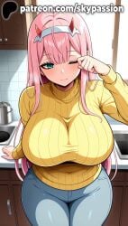 1girls 2025 ai_assisted ai_generated anime artist_name big_breasts breasts bust chest clothed_female darling_in_the_franxx denim female female_focus female_only hairband hi_res high_quality high_resolution highres horns jeans long_hair one_eye_closed pants patreon patreon_username pink_hair red_horns ribbed_sweater skypassion solo stable_diffusion sweater watermark yellow_sweater zero_two_(darling_in_the_franxx)