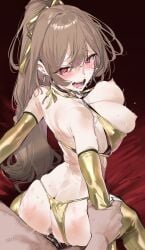 1boy absurdres anus ass bikini bikini_bottom_aside bikini_pull blush bouncing_breasts breasts brown_hair clothes_pull clothing_aside earrings elbow_gloves female furen_e_lustario gloves gold_bikini gold_earrings gold_thighhighs hair_ribbon heart heart-shaped_pupils high_ponytail highres jewelry kurotsuki_machi large_breasts looking_back nijisanji nipples open_mouth ponytail raised_eyebrows red_eyes ribbon saliva sex sound_effects straight swimsuit symbol-shaped_pupils teeth textless_version unaligned_breasts virtual_youtuber