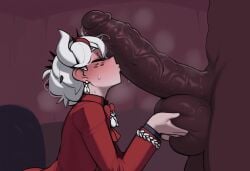 1boy 1girls beelzebub_(helltaker) big_balls big_cock big_penis closed_eyes dark-skinned_male demon_girl female helltaker holding_balls horns huge_balls huge_cock interracial kissing_penis male penis precum veiny_penis white_hair