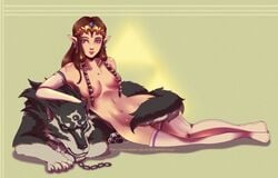 1boy 1girls breasts brown_hair earrings erect_nipples female feral furry link lipstick looking_at_viewer male nintendo nipples nude pointy_ears princess_zelda queen-zelda ribbons tan_skin the_legend_of_zelda thighhighs twilight_princess wolf wolf_link zelda_(twilight_princess)