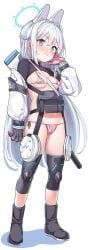bikini blue_archive blush blushing cameltoe halo konnyaku_(kk-monmon) long_hair miyako_(blue_archive) nipples_visible_through_clothing rabbit_squad_(blue_archive) white_background white_hair