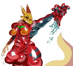 absurd_res angry anthro asuka_langley_soryu balls bandai_namco big_breasts big_muscles blokkie bodily_fluids breasts bulge canid canine clothed clothing detailed_bulge digimon digimon_(species) fur genitals gloves gynomorph handwear hi_res hyper hyper_genitalia intersex latex latex_clothing latex_skinsuit mammal muscular musk neon_genesis_evangelion nipple_outline renamon simple_background skinsuit solo solo_focus steam sweat thick_thighs tight_clothing waterdrops white_background yellow_body yellow_fur
