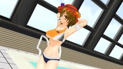 1girls 3d armpits arms_behind_head big_breasts bikini brown_hair busty female female_only hi_res legs looking_at_viewer minoriko_aki navel pink_lipstick pool pose posing sensual sexy sexy_armpits sexy_pose short_hair solo sports_bikini swimsuit thighs toned touhou underboob voluptuous water