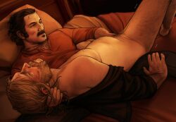 1cuntboy 2boys belly_hair black_hair blonde_hair blush body_hair chest_hair chubby chubby_male color crows_feet cuntboy dominant_male dutch_van_der_linde embrace facial_hair fingering gay hand_between_legs holding_head holding_neck implied_fingering leg_hair legs_apart legs_spread long_hair lying_on_back lying_on_person male/male male_only man_boobs micah_bell moobs moustache old_man_yaoi on_back on_bed pubic_hair pussy_hair realistic red_dead_redemption_(series) red_dead_redemption_2 romantic_ambiance shirt skibiborg submissive_male sweatdrop sweating trans_man transmasc tremble_spikes trembling yaoi
