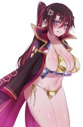 anger_vein arm_under_breasts bikini black_coat blush breasts brown_hair cleavage coat coat_on_shoulders cowboy_shot duel_monster female genderswap_(mtf) gold_bikini golden_week golden_week_bikini hayupipipipi high_ponytail highres kashtira_riseheart large_breasts multicolored_hair pissed_off ponytail purple_eyes red_hair rule_63 simple_background solo streaked_hair swimsuit two-tone_hair white_background yu-gi-oh!