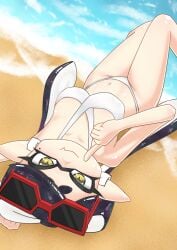 1girls aiura_chan beach big_breasts bikini breasts callie_(splatoon) female inkling inkling_girl long_hair looking_at_viewer mole mole_under_eye nintendo pointy_ears shiny_skin solo splatoon sunglasses sunglasses_on_head tentacle_hair two_tone_hair water white_bikini yellow_eyes