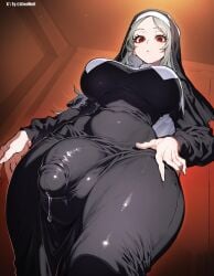 1futa a1exwell ai_generated bulge futanari hand_on_hip large_breasts low-angle_view nun penis precum precum_drip precum_through_clothing stable_diffusion taker_pov testicles