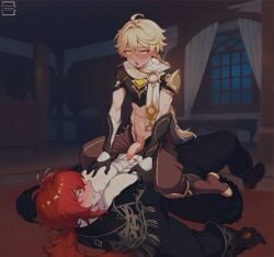 2boys abs aether_(genshin_impact) ahe_gao ahoge ai_assisted anal bangs big_dom_small_sub black_gloves blonde_hair blush boots braid clenched_teeth clothed_sex cowgirl_position diluc_(genshin_impact) earrings erection femboy genshin_impact gloves hair_between_eyes indoors jacket jewelry long_hair lying male_focus multiple_boys navel on_back open_mouth pants penis ponytail pubic_hair red_eyes red_hair rolling_eyes scarf sex single_braid size_difference straddling strangling teeth testicles toned, toned_male tongue tongue_out uncensored watermark white_scarf window yaoi yaotashi yellow_eyes