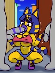 alley animal_crossing ankha_(animal_crossing) anthro bra breasts camel_toe clothing covered_nipples crouching domestic_cat erection felid feline felis fellatio female genitals hi_res male mammal mr.under nintendo oral panties penile penis sex standing tail underwear