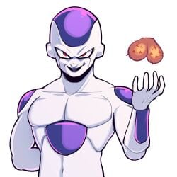 1boy arm_behind_back ball_busting bondage butter_sugoi cbt commentary disembodied_testicles dragon_ball dragon_ball_z evil_smile final_form_frieza frieza gay male_focus red_eyes smile solo testicles upper_body