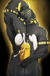 abs anthro areola armband armpit_hair backlighting balls baron_von_jackal biceps black_body black_nose black_skin blue_eyes bodily_fluids body_hair canid canine canis claws cum cumshot dreadlocks ear_piercing ear_ring ejaculation eyeliner facial_hair foreskin genital_fluids genitals glans goatee gold_(metal) gold_claws gold_jewelry gold_penis jackal jewelry justmegabenewell lats_(muscle) light lighting looking_at_viewer makeup male mammal muscular muscular_anthro muscular_male nipples orgasm penis piercing pointy_ears raised_arm ring_piercing simple_background solo standing yellow_areola yellow_nipples